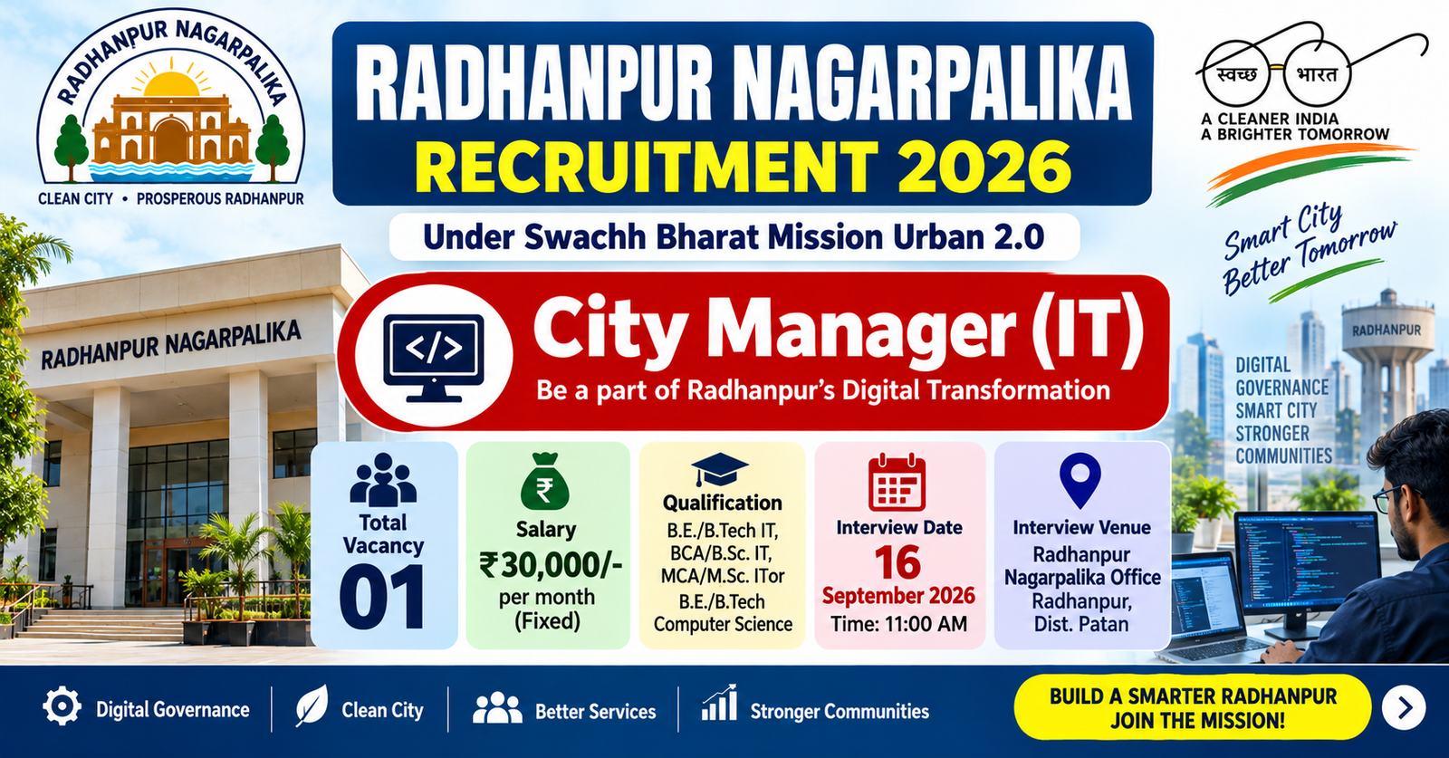 Radhanpur Nagarpalika City Manager (IT) Recruitment 2026